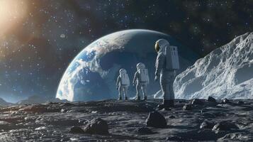 Moon exploration by astronaut family as they look at Earth, symbolizing future colonization and aspirations. Moon landing photo