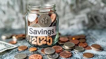 Coins and bills fill a clear jar labeled Savings 2025 symbolizing a commitment to better financial management and savings in the new year. 2025 new year resolutions photo