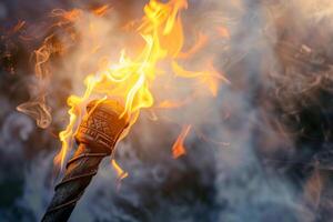 Intense heat radiating from a blazing torch against a soft transparent white surface, perfect for historical and adventure themes photo