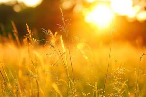A tranquil meadow bathed in the warm glow of the setting sun, with wild grasses swaying in the breeze photo
