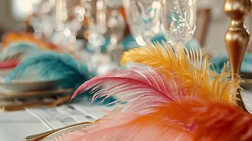 Boho chic feathers adding a pop of color and style to a white setting photo