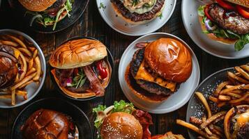 Rotating plate of gourmet burgers in a top-down perspective photo