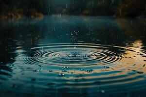 Gentle raindrops falling onto a calm body of water, creating ripples on the surface photo