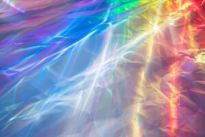 Mystical rainbow rays casting vibrant colors on a transparent white surface, perfect for whimsical designs photo