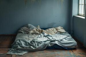 Empty bed with rumpled sheets, symbolizing the restlessness of insomnia photo