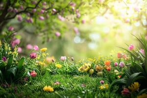 Springtime Easter scene with blooming flowers and lush greenery photo