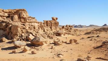A rocky desert landscape with unique formations photo