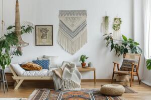 Bohemian-inspired eclectic decor against a soft transparent white surface, ideal for eclectic designs photo