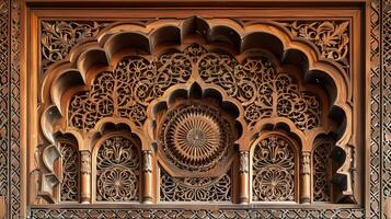 The wood carving is ornate and has a sun symbol in the center. The design is intricate and detailed, with many small elements that make up the overall pattern photo