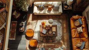 Bird's-eye view showcasing meticulously arranged interior decor elements photo