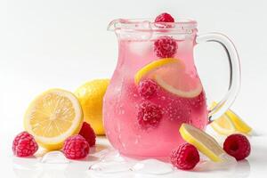 Vibrant raspberry lemonade in a pitcher with raspberries and lemon slices on a transparent white surface, tangy and refreshing photo