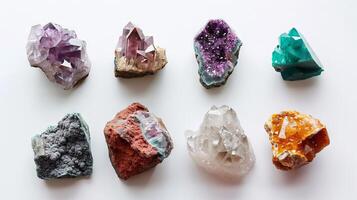 Magnificent gemstone specimens showcasing their natural splendor against a blank white surface photo