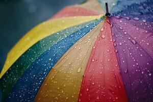 Rainbow-colored umbrella transparently shielding against raindrops on a cloudy day photo