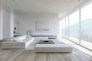 Minimalist living room with clean lines and neutral color palette photo