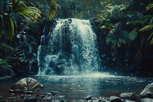 Sparkling waterfall plunging into a rocky pool surrounded by lush vegetation photo