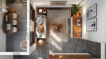 Interior layout demonstrating creative ways to define separate living areas within a space photo