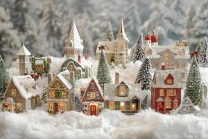 Snowy Christmas village on a soft transparent white canvas, adding holiday charm photo