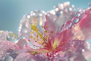 Crystal-clear water droplets clinging to the delicate petals of a flower photo
