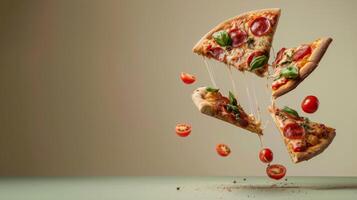 Dynamic copy space with levitating pizza slices for advertising photo