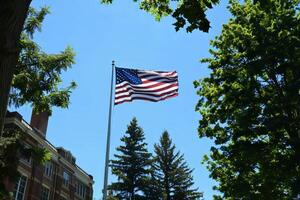 The Stars and Stripes flying over a college campus photo