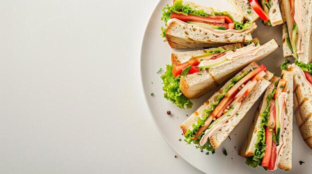 giratorio plato de emparedados en contra un blanco fondo para texto foto