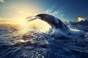 Refreshing splash of water from a diving whale in the open ocean photo