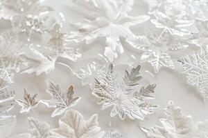 Whimsical snowflake leaves with intricate patterns on a transparent white surface photo