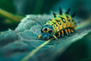 Close up of a caterpillar munching on a leaf, showcasing the role of insects in food chains photo