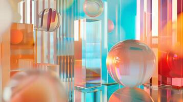 A colorful room with many glass spheres and cubes. The room is filled with light and the spheres and cubes are reflecting the light photo