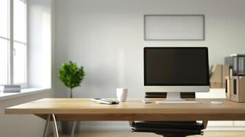 Empty office desk with space for custom text or logo photo