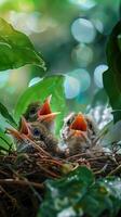 Chirpy baby birds chirping merrily in their nest, awaiting their next meal photo