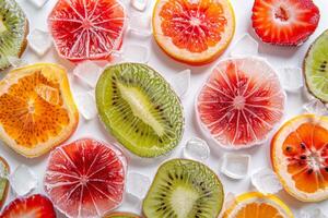 Frozen fruit slices with icy edges on a transparent white backdrop, perfect for refreshing concepts photo