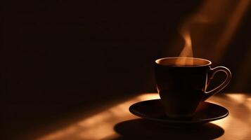 Shadows reveal a silhouette of a fragrant cup of hot coffee photo