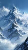 Snow-capped peaks towering into the clouds photo