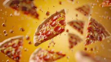 Dynamic poster showcasing floating pizza slices in a kinetic layout photo