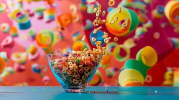 Colorful backdrop with a spinning bowl of cereal in motion photo
