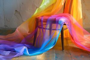 Rainbow-colored fabric transparently draped over a chair photo