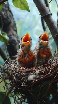Chirpy baby birds chirping merrily in their nest, awaiting their next meal photo