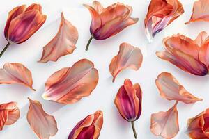 Rustic tulip petals with elegant shapes on a transparent white background, symbolizing elegance and grace photo