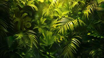 A lush green jungle with many leaves and plants. The image is full of life and energy, with the bright green color of the leaves and plants creating a sense of vitality and growth photo