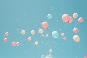 Pastel-colored balloons floating in a clear blue sky, creating a peaceful and serene scene photo