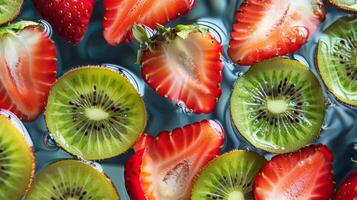 Floating slices of kiwi and strawberry in a colorful arrangement photo