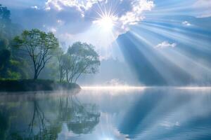 The sun is shining on the water, creating a beautiful reflection. The scene is peaceful and serene, with the trees in the background adding to the natural beauty of the landscape photo