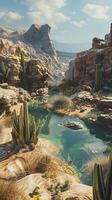 Tranquil oases nestled within rugged desert terrain photo