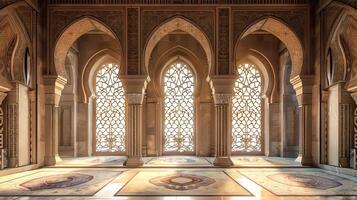 A large room with arched windows and a carpeted floor. The room is empty and the sunlight is shining through the windows photo