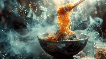 Spinning bowl of noodles portrayed in a steamy watercolor style photo