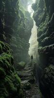 A man is walking through a dark, mossy cave. The cave is filled with green moss and rocks, and the man is the only person in the scene. Scene is mysterious and eerie photo