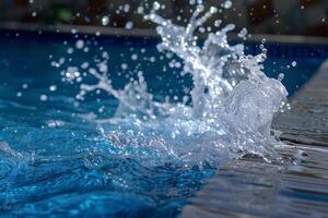 Refreshing splash of water from a diving board into a swimming pool photo