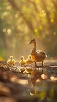 Charming baby ducklings waddling after their mother in a row photo