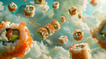 Dreamlike scene of spinning sushi rolls performing acrobatics in the sky photo